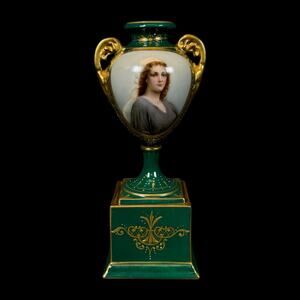 Antique Royal Vienna Portrait Urn Vase Hand Painted Lady Green/Gold signed RUTH